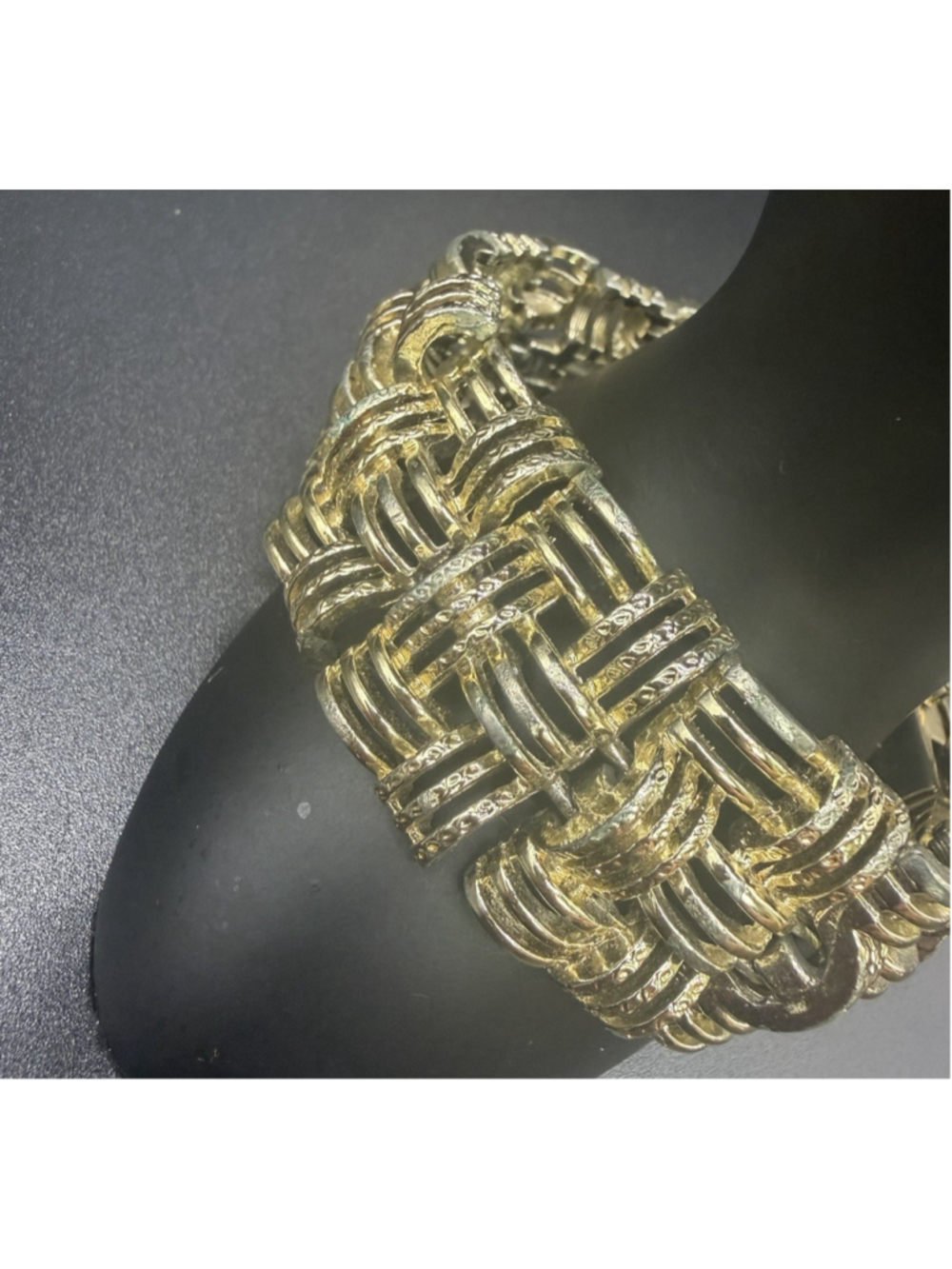 Vintage Coro Signed Gold Tone Wide Basket Weave Woven Link Statement Bracelet